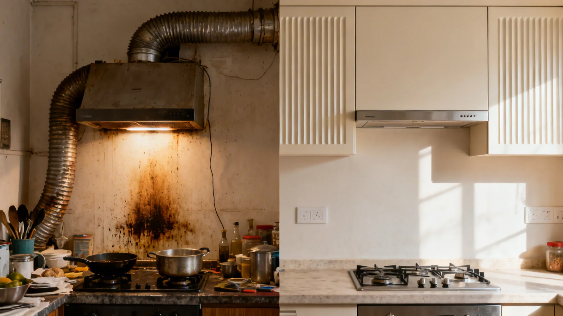 Before-and-after view showing messy exposed chimney versus integrated flush design.
