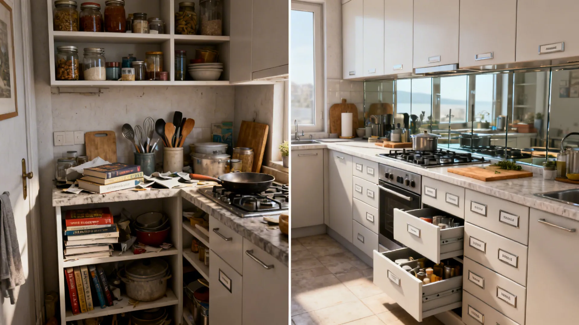 Before-and-after of a small kitchen transforming from cluttered shelves to a minimalist drawer-first layout.