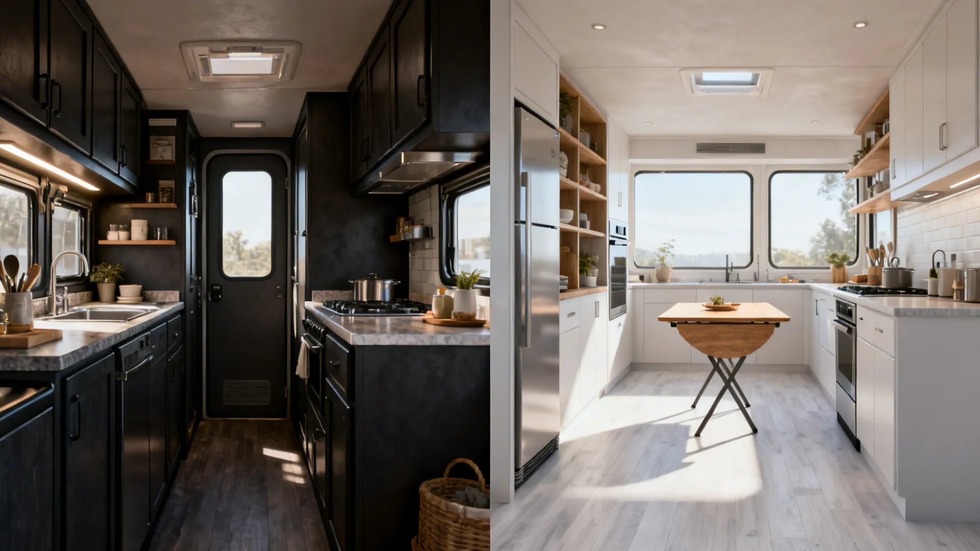 Before-and-after of a mobile home kitchen showing cramped layout transformed into an airy efficient space.