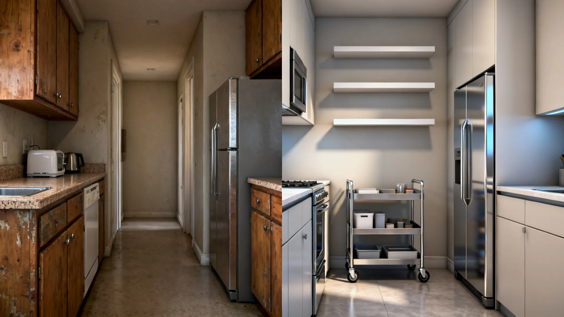 Before-and-after comparison of a small kitchen remodel showing more usable layout and storage