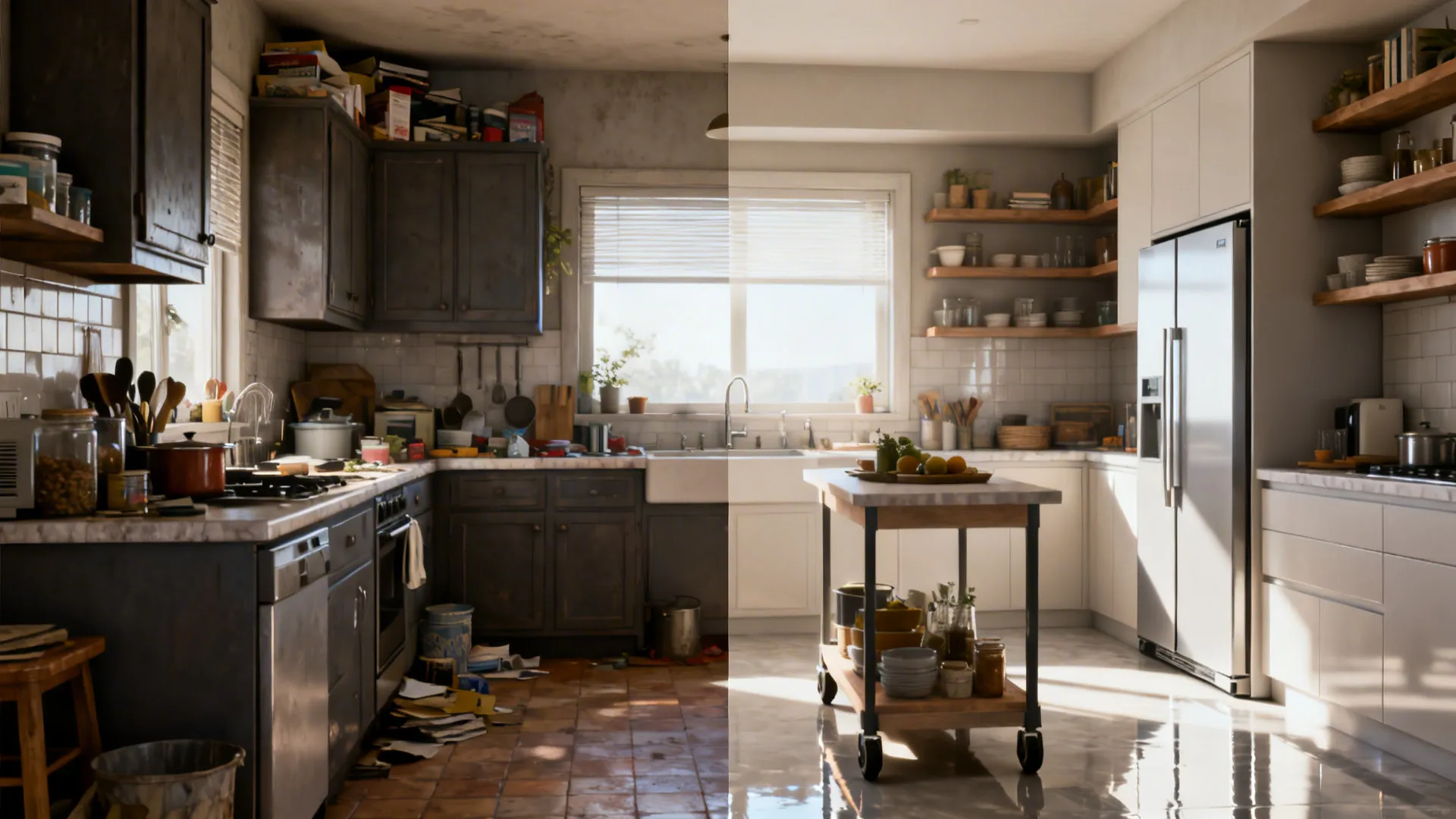 Before-and-after of a tiny kitchen showing cluttered cabinets versus a calm renovated layout.