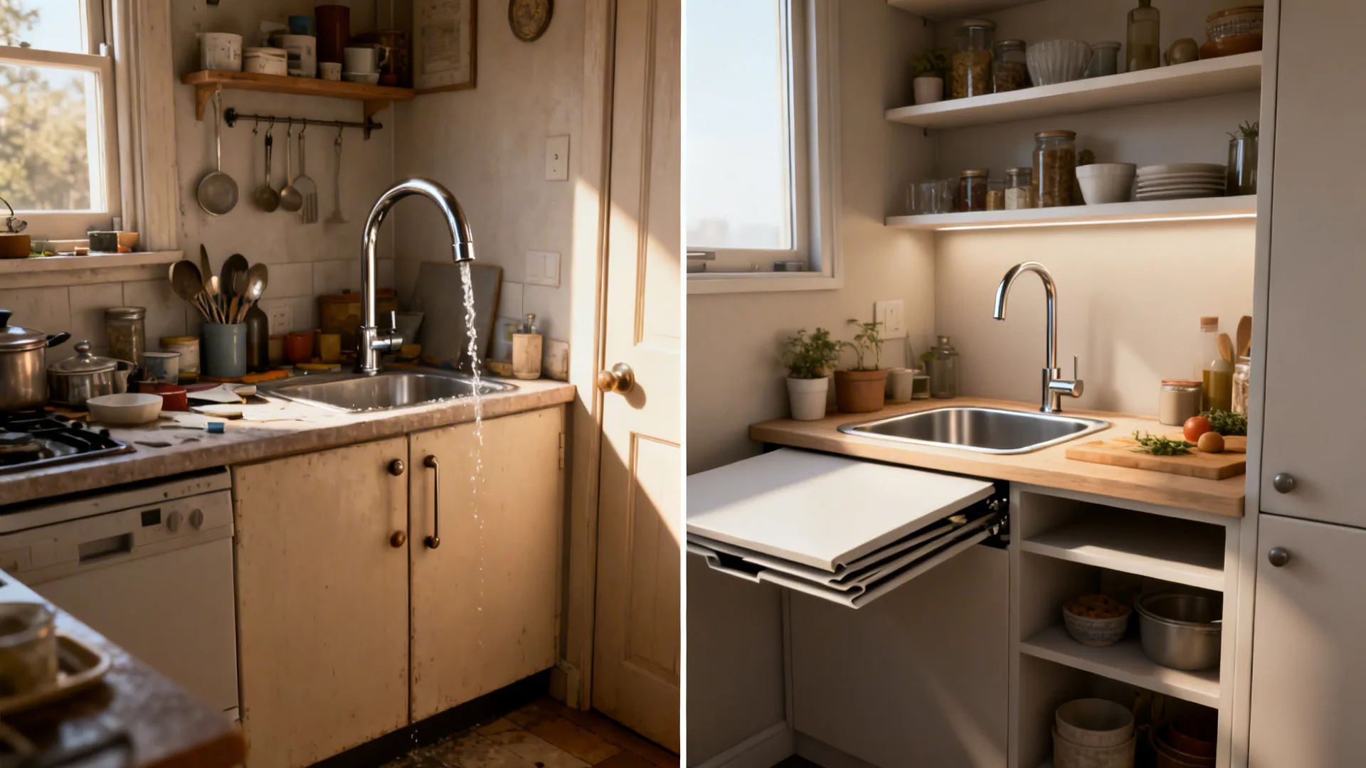 Before and after comparison showing a chaotic tiny kitchen transformed with slim fixtures and storage