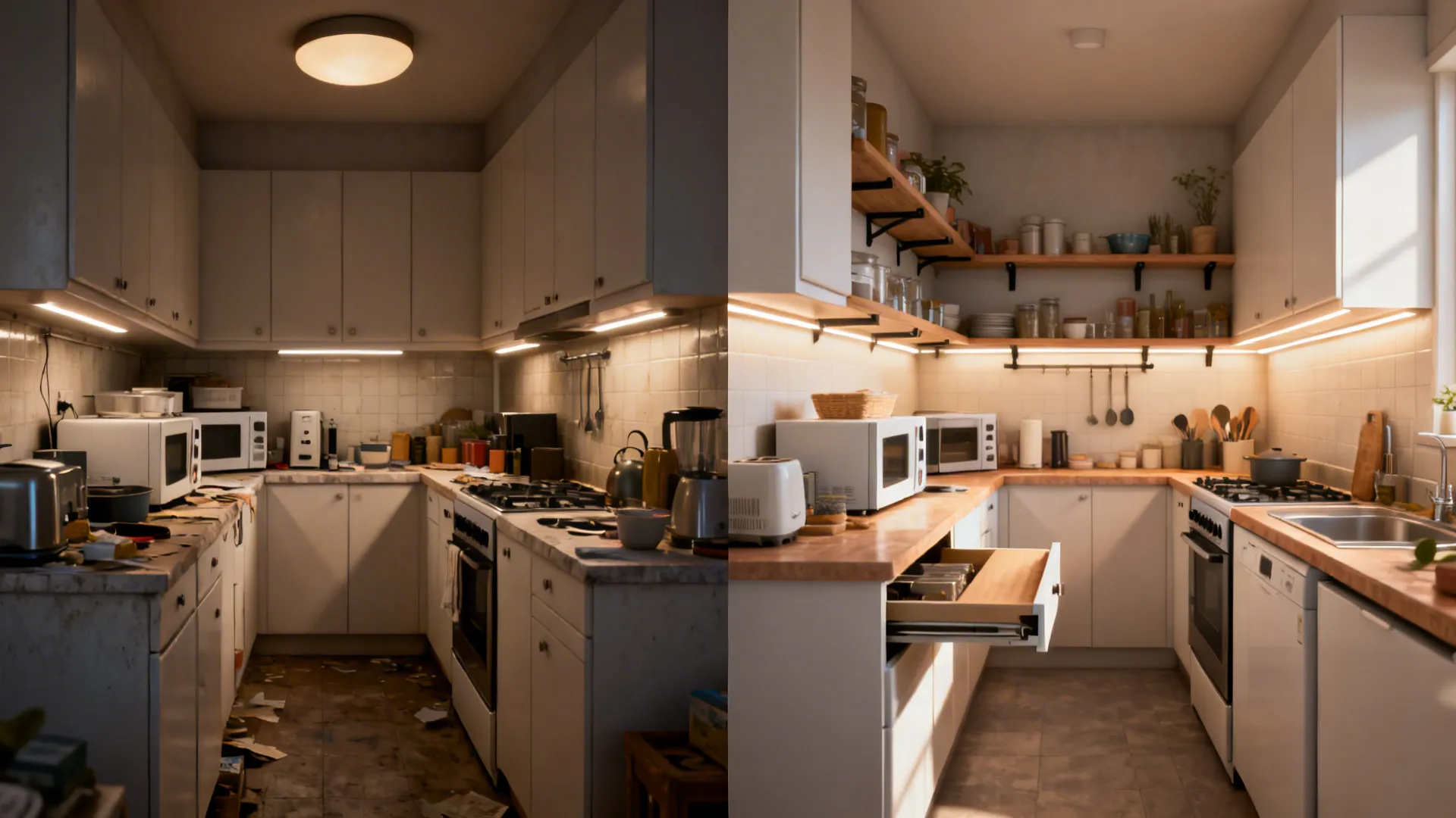 Before-and-after comparison showing a cluttered tiny kitchen transformed into a bright, organized space with slimline features.