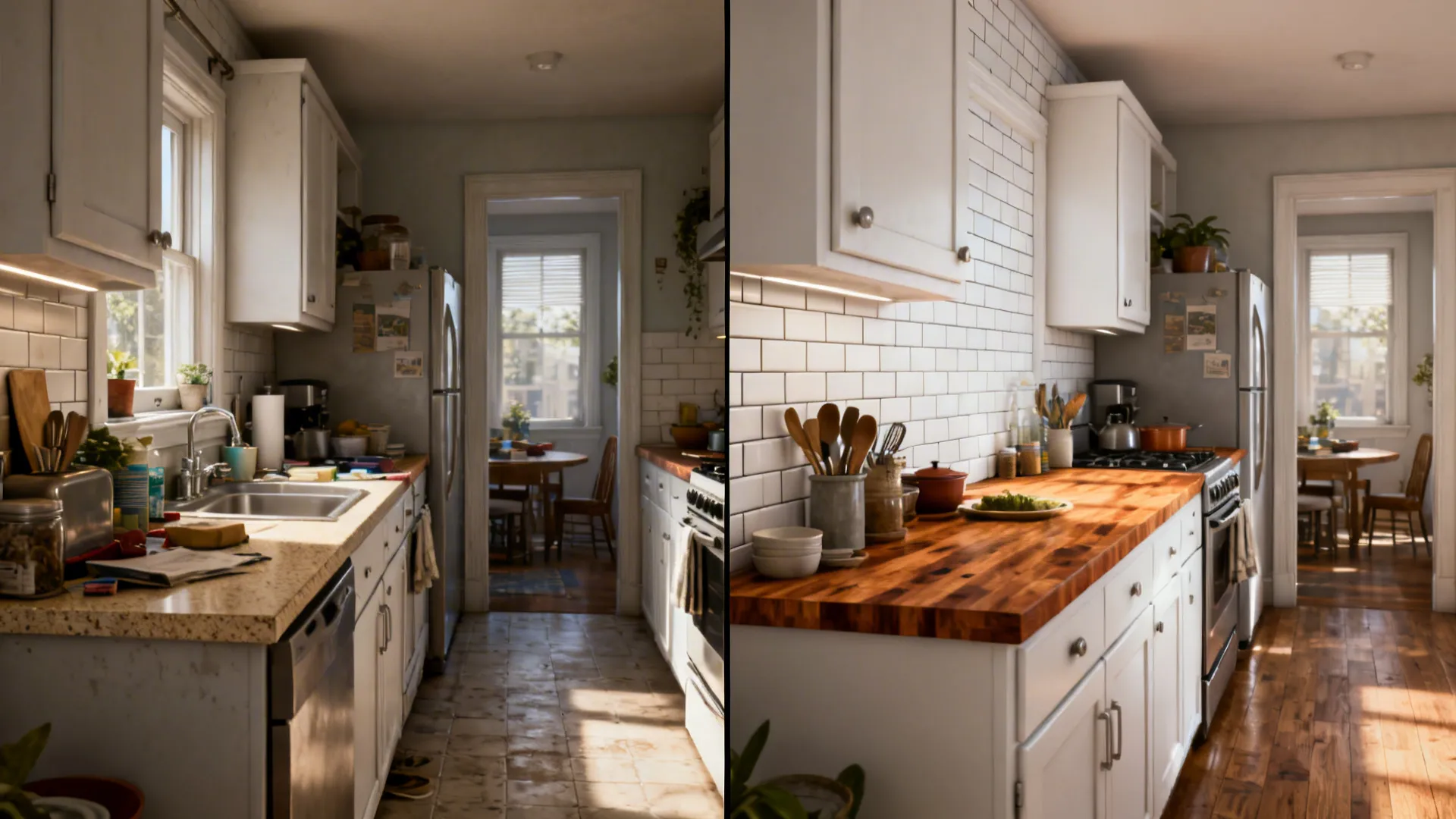 Before and after of a tiny galley kitchen: dated laminate vs. butcher-block and bright tile