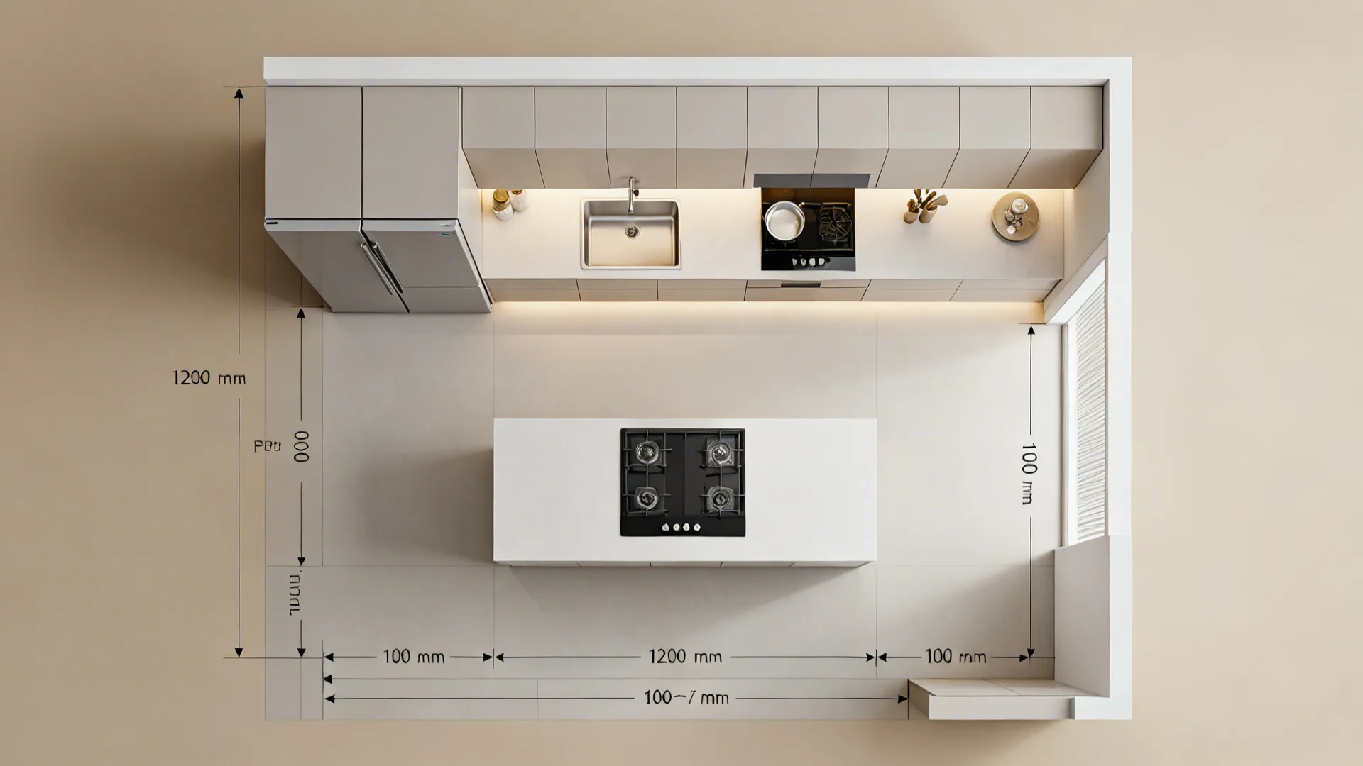 Top-down visualization of recommended kitchen clearances and zoning.