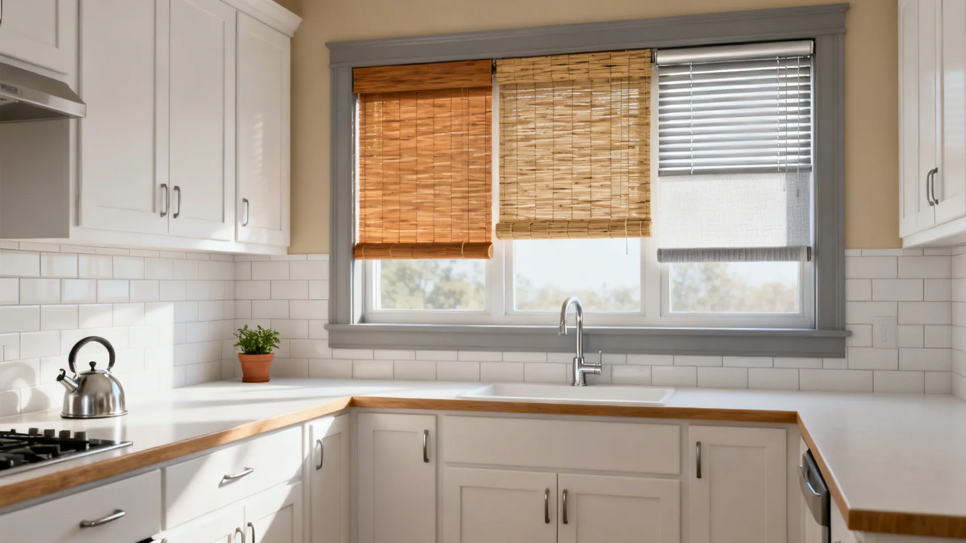 Bright white kitchen with wood countertops and window featuring three different types of window blinds