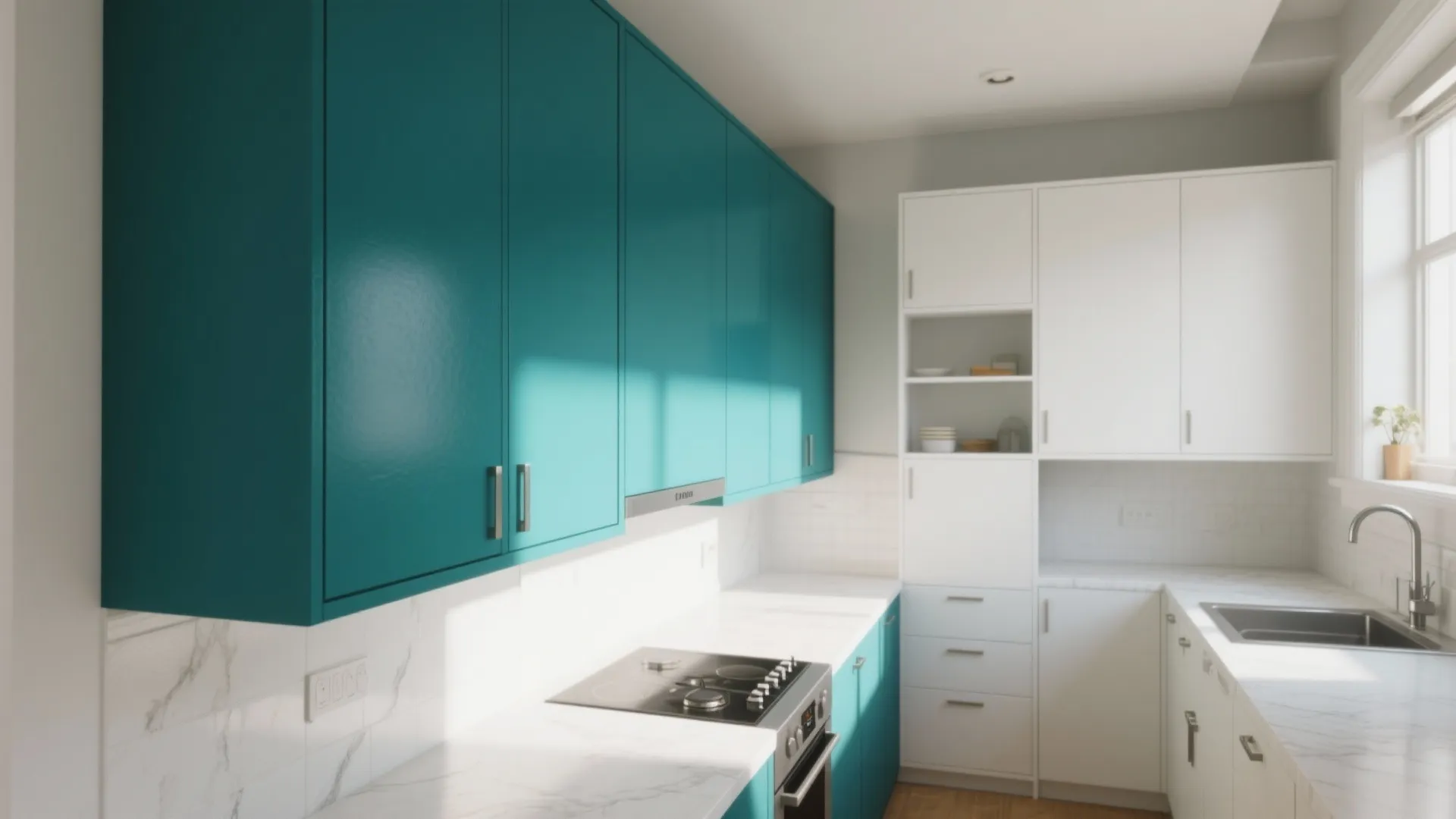 Small kitchen with a single saturated cabinetry run defining and organizing the space.