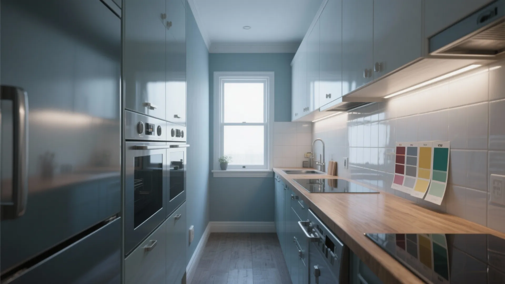 Compact kitchen with muted blue-grey walls and backsplash framing glossy cabinets and steel appliances.
