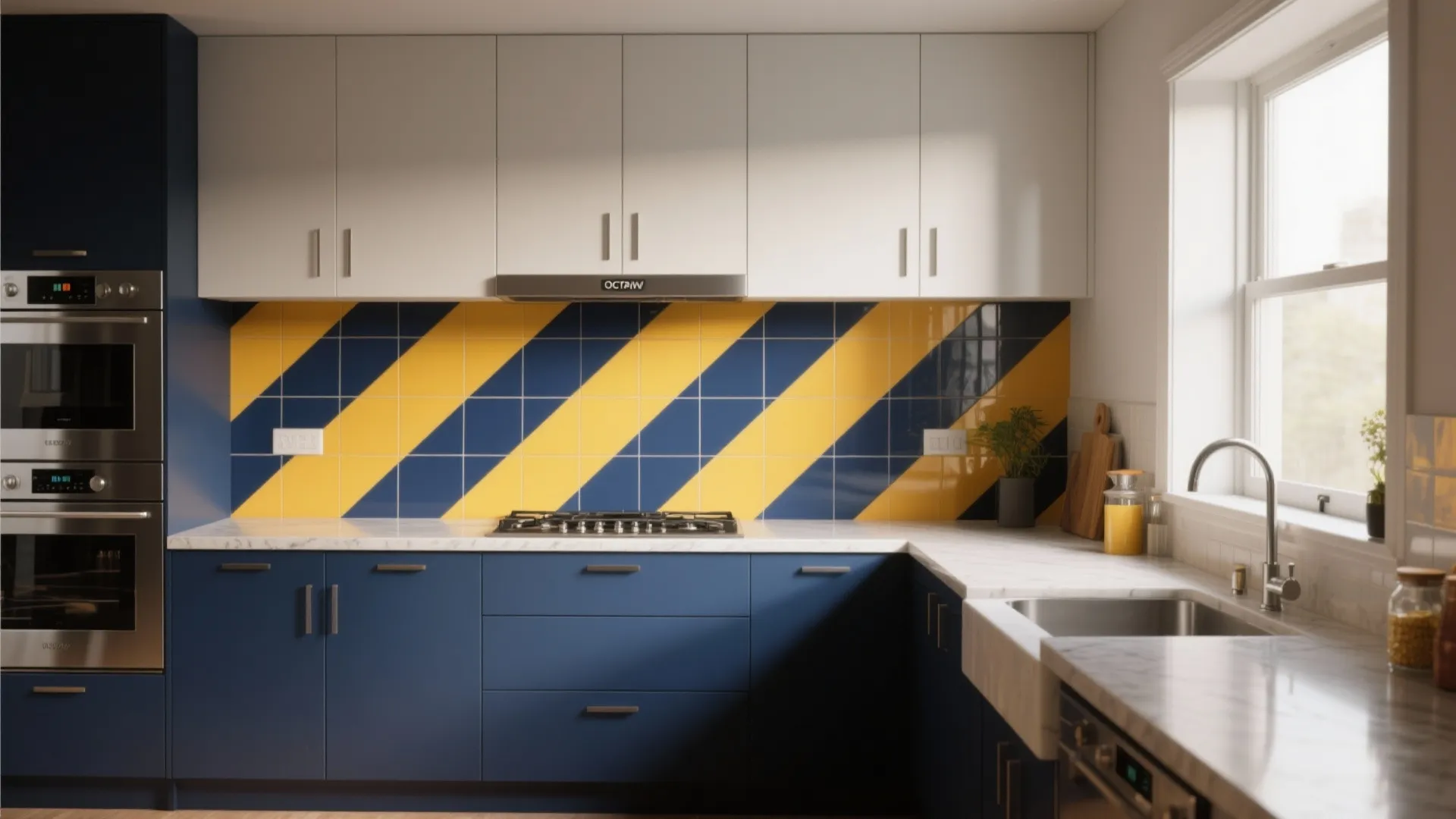 5. Bold Color Block Stripes in Kitchen