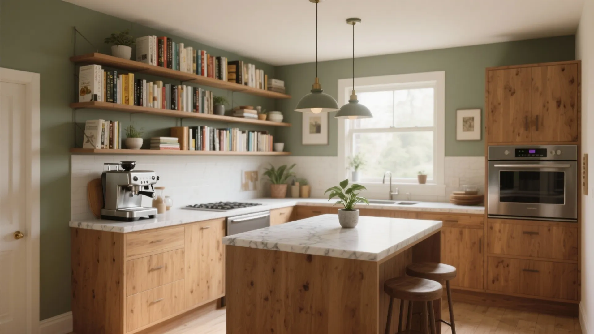 Modern kitchen with green walls wooden cabinets marble island and open shelves filled with many books