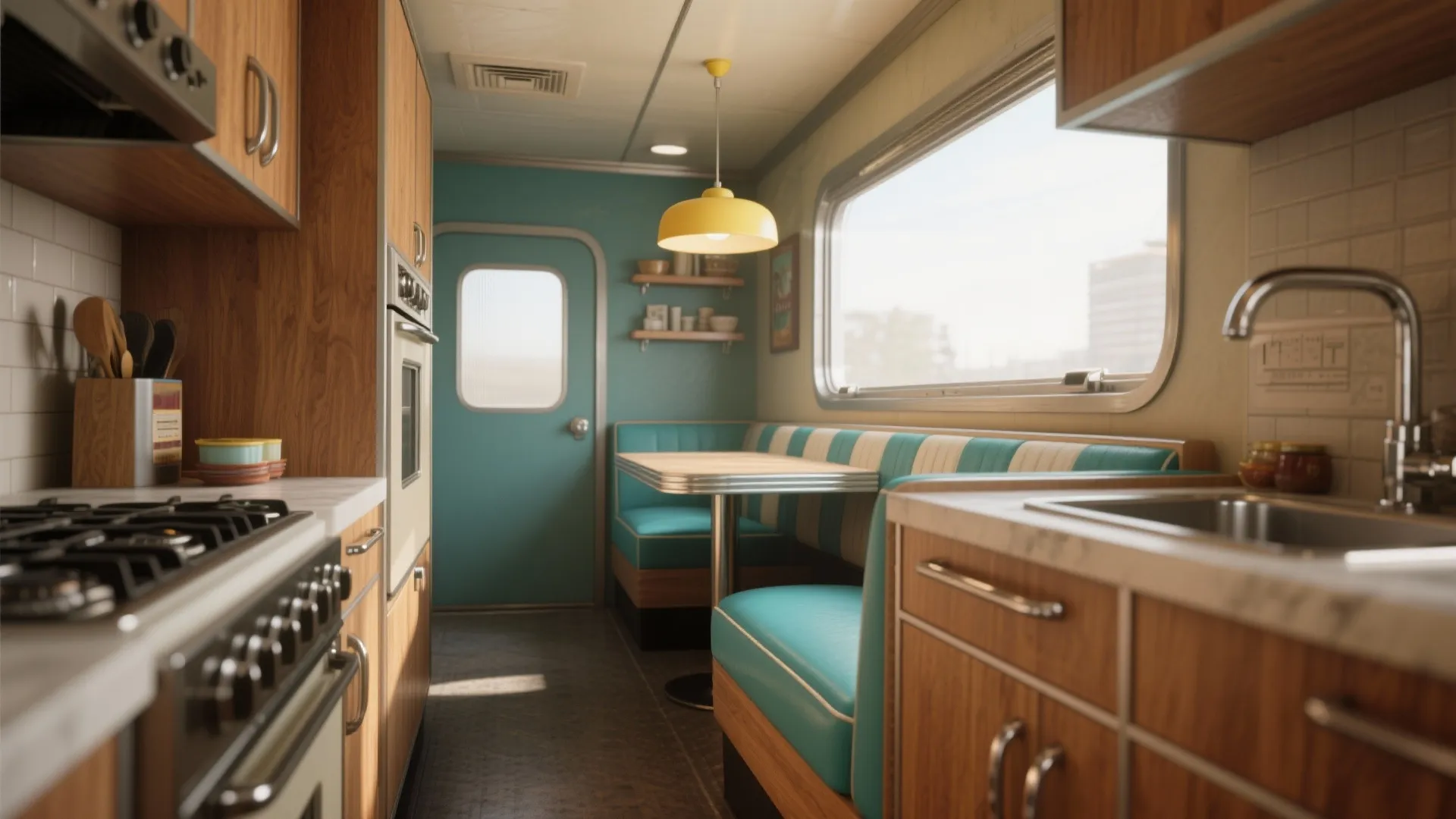 Retro caravan kitchen interior with turquoise sofa seating wooden cabinets yellow ceiling light and window