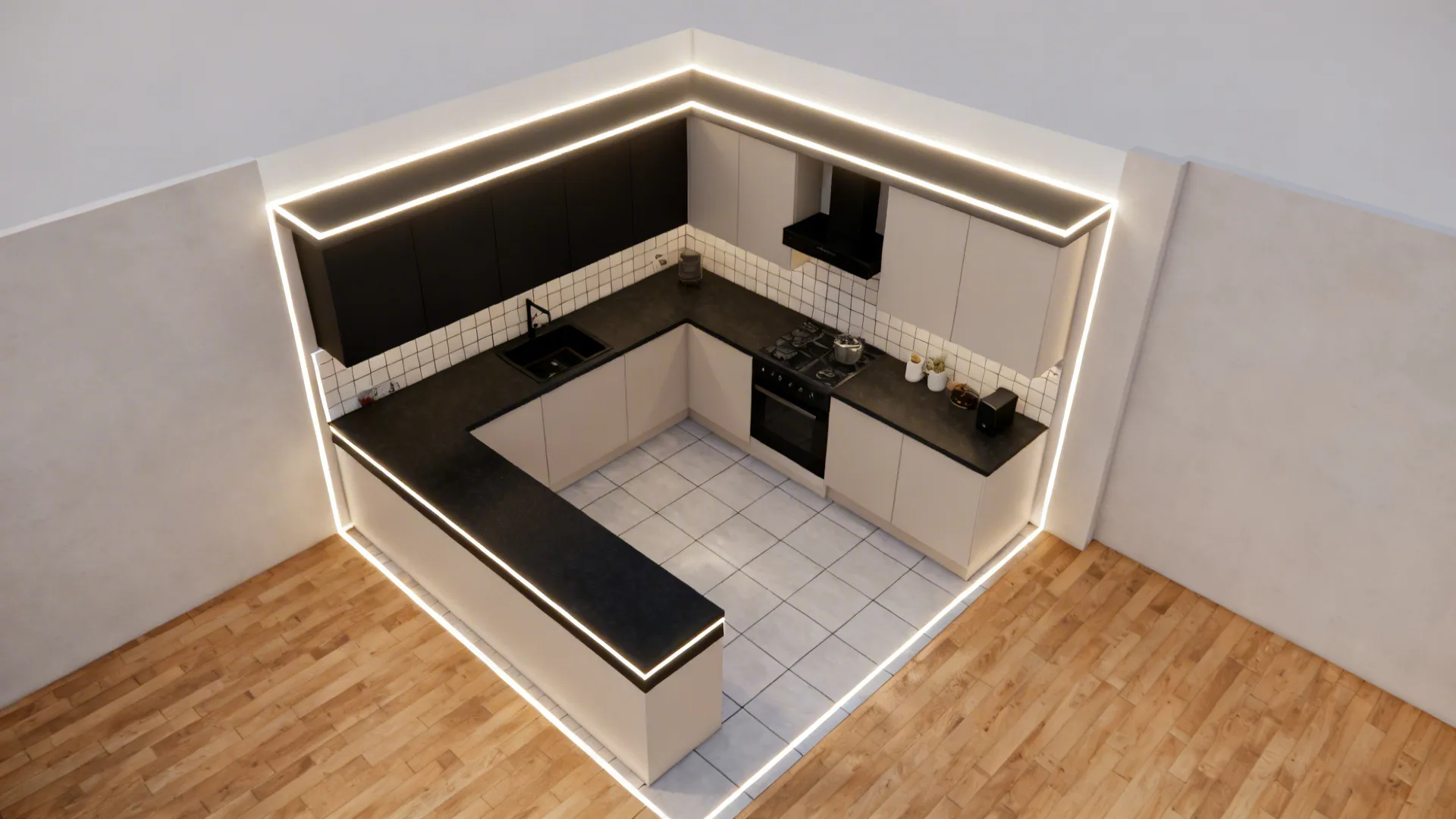 Top-down compact kitchen plan highlighting backsplash frame, counter band, ceiling LED border, and tile-to-wood transition.