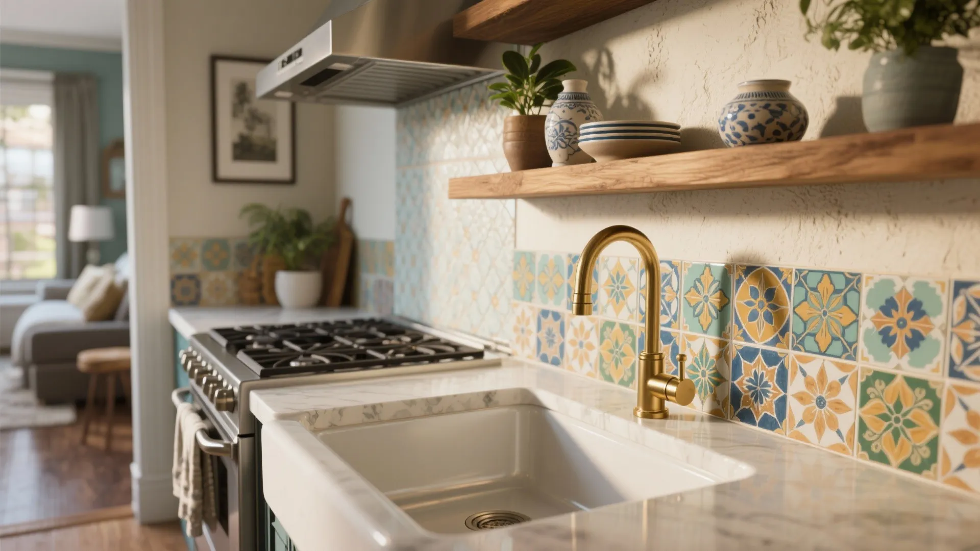 Modern kitchen with white marble countertop brass water tap colorful wall tiles and wooden floating shelves