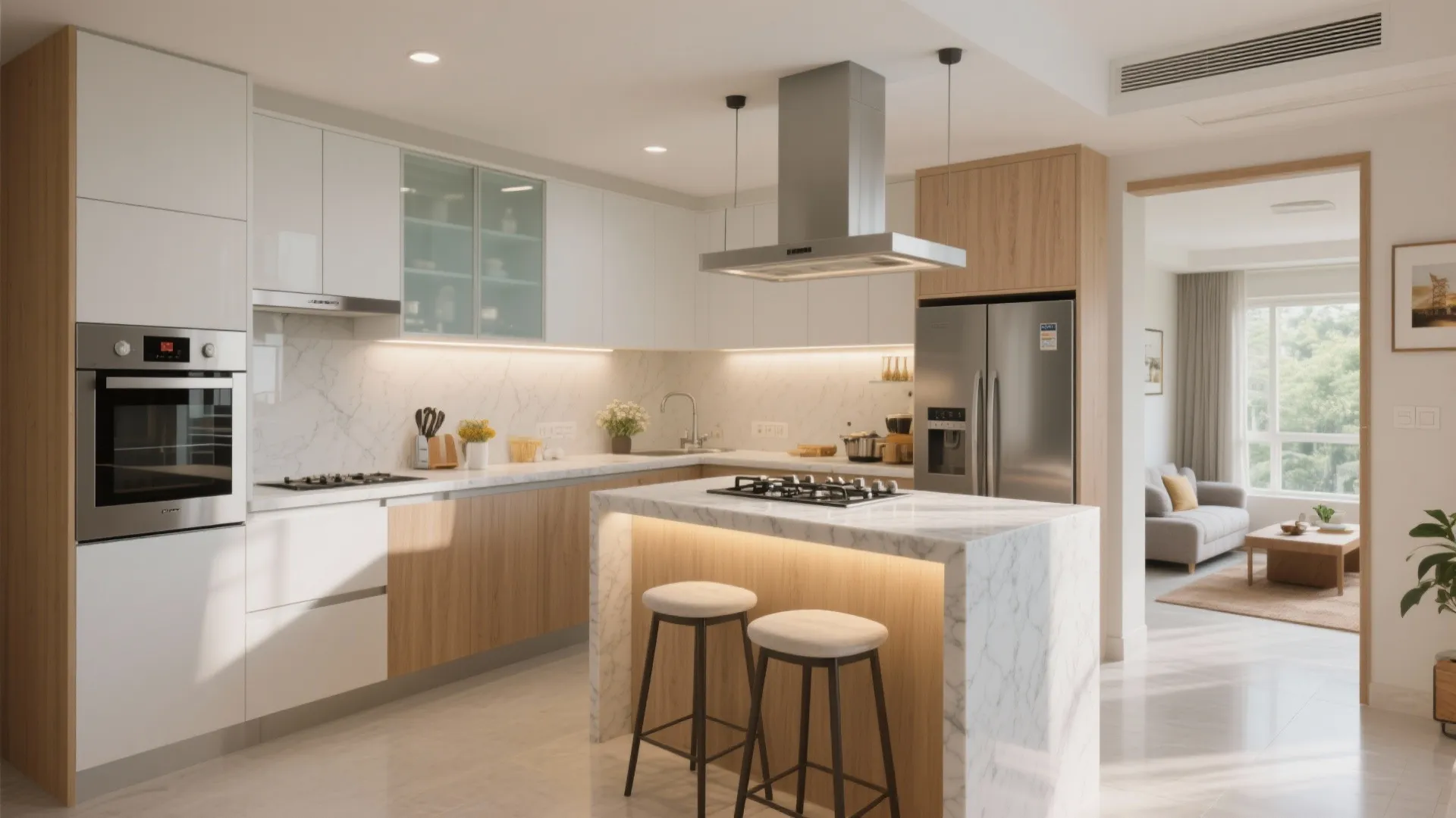 Modern white kitchen with marble island stools oven fridge and clear view of the living room