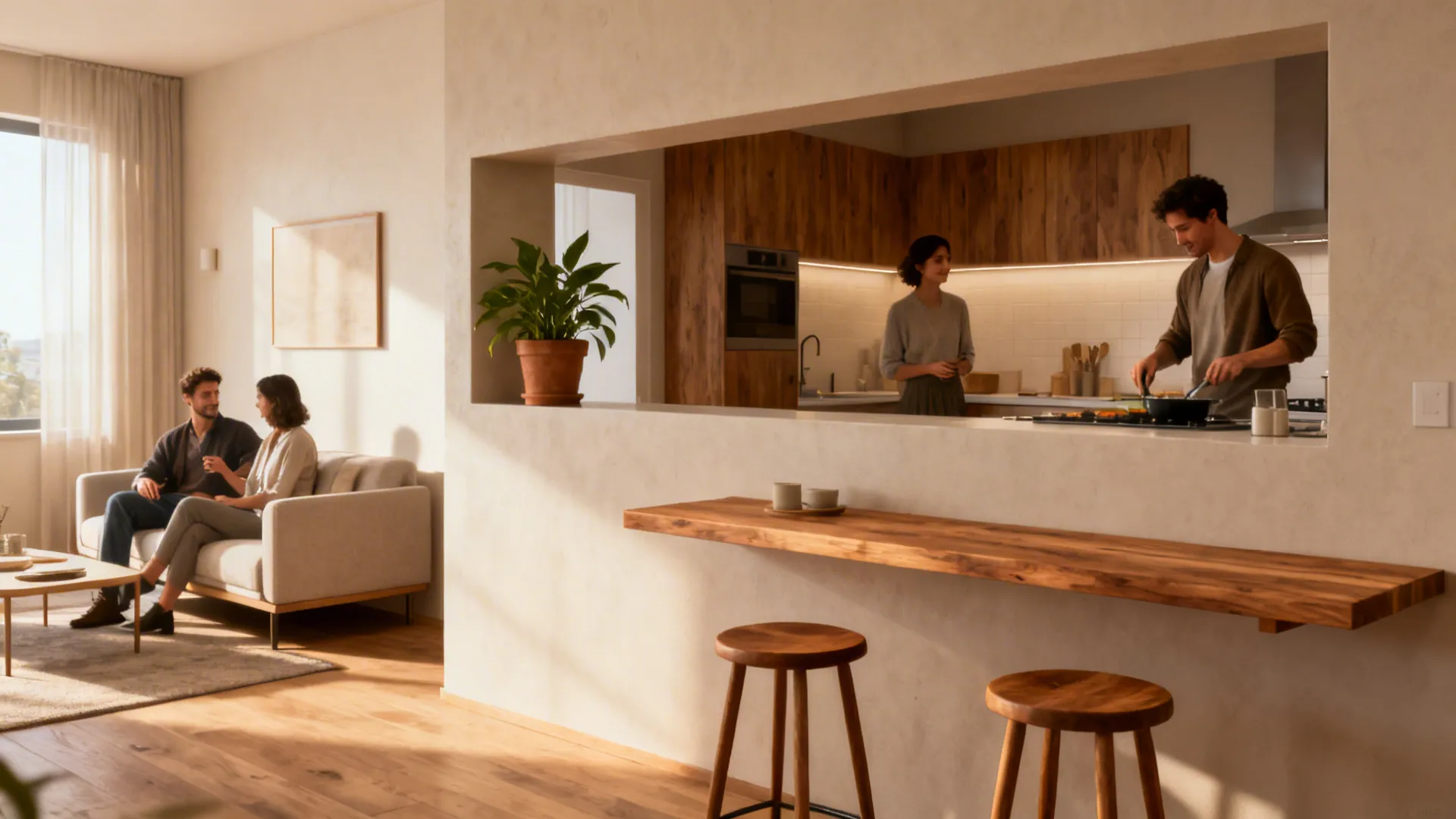People relaxing in a living room while others cook in a kitchen with wooden cabinets