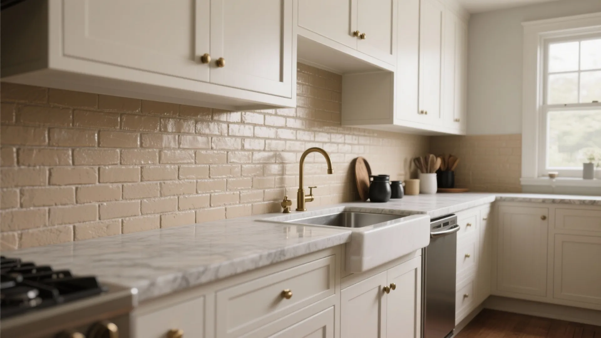 3. Kitchen-Friendly Brick — Painted Backdrop That Works
