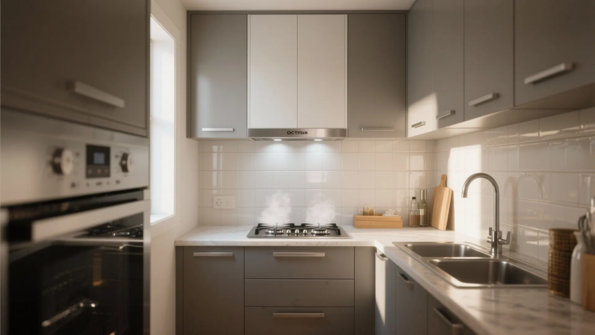 Small modern kitchen with grey cabinets white tile backsplash gas stove and stainless steel sink