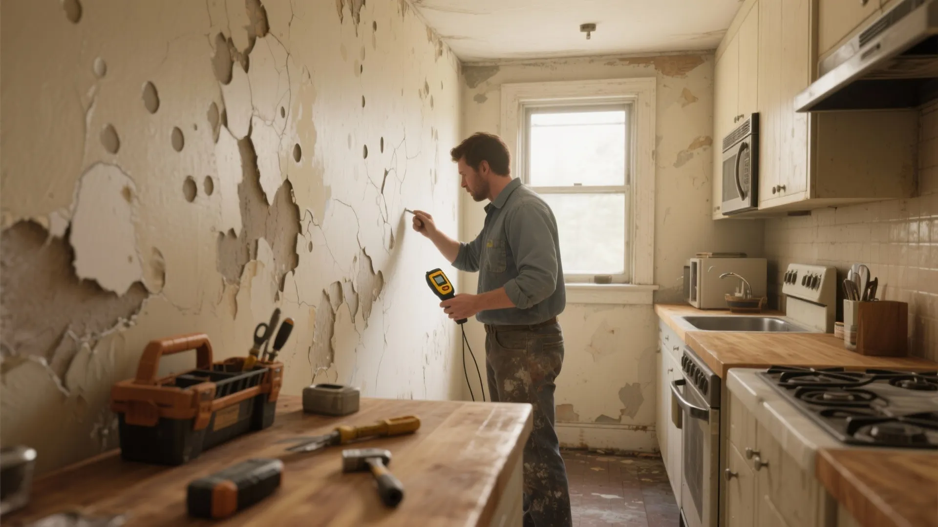 Man using a sensor to check damaged peeling walls in a kitchen with wooden counters