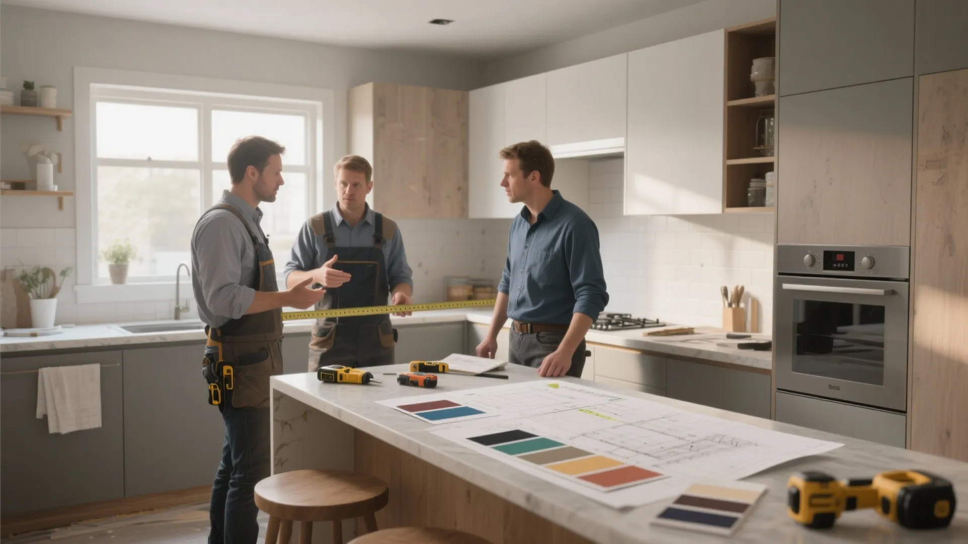 Contractors discussing a small kitchen remodel with plans and swatches on the counter.