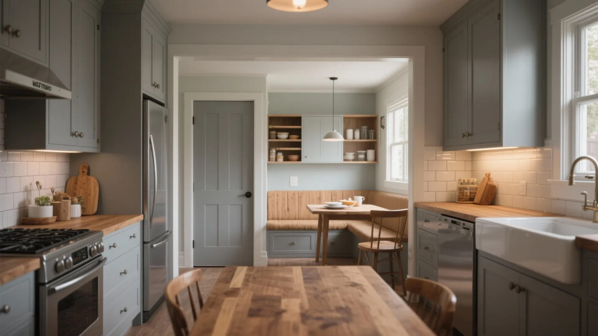 Modern kitchen with grey cabinets wooden countertops a breakfast nook and a large dining table