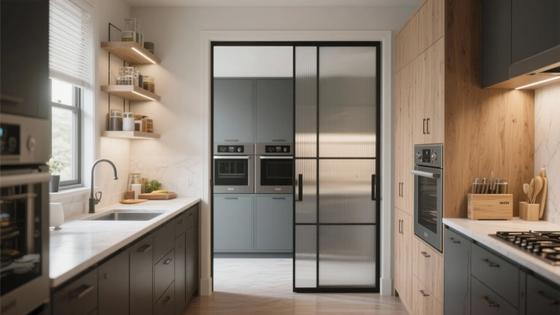 Compact kitchen stacked with a narrow butler's pantry hidden behind a sliding door for extra prep and storage.