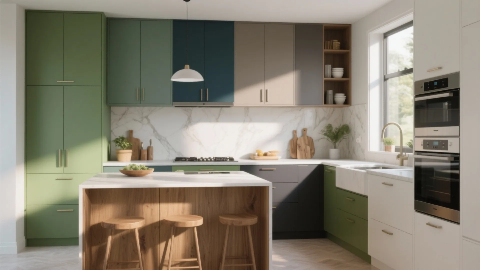 Colorful kitchen design with green and blue cabinets white marble backsplash and wooden breakfast island