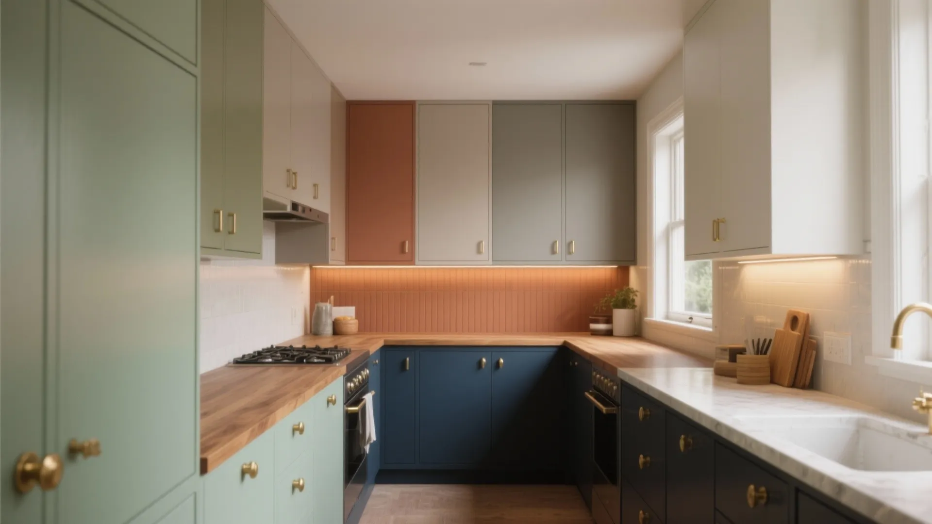 Colorful kitchen with green orange and blue cabinets plus wood countertops and a bright window