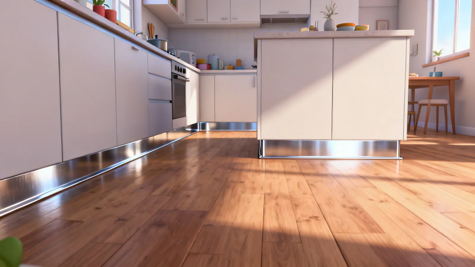 Modern kitchen cabinets with visible stainless steel toe kick plates along the base