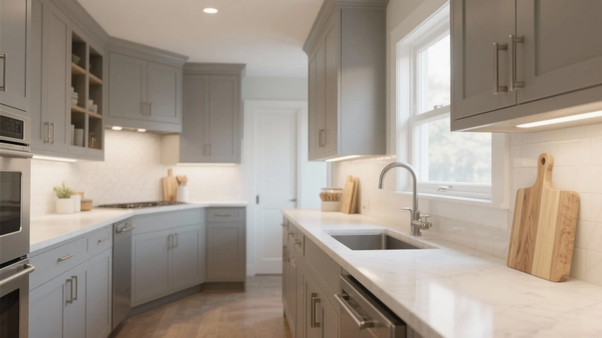 Modern kitchen design with grey cabinets white marble countertops sink window and natural light background