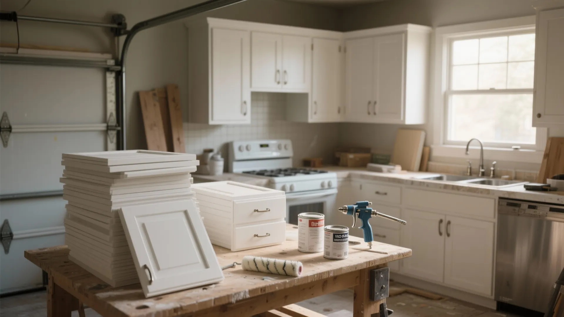 Kitchen cabinet doors stacked on a workbench with paint cans and a spray gun tool