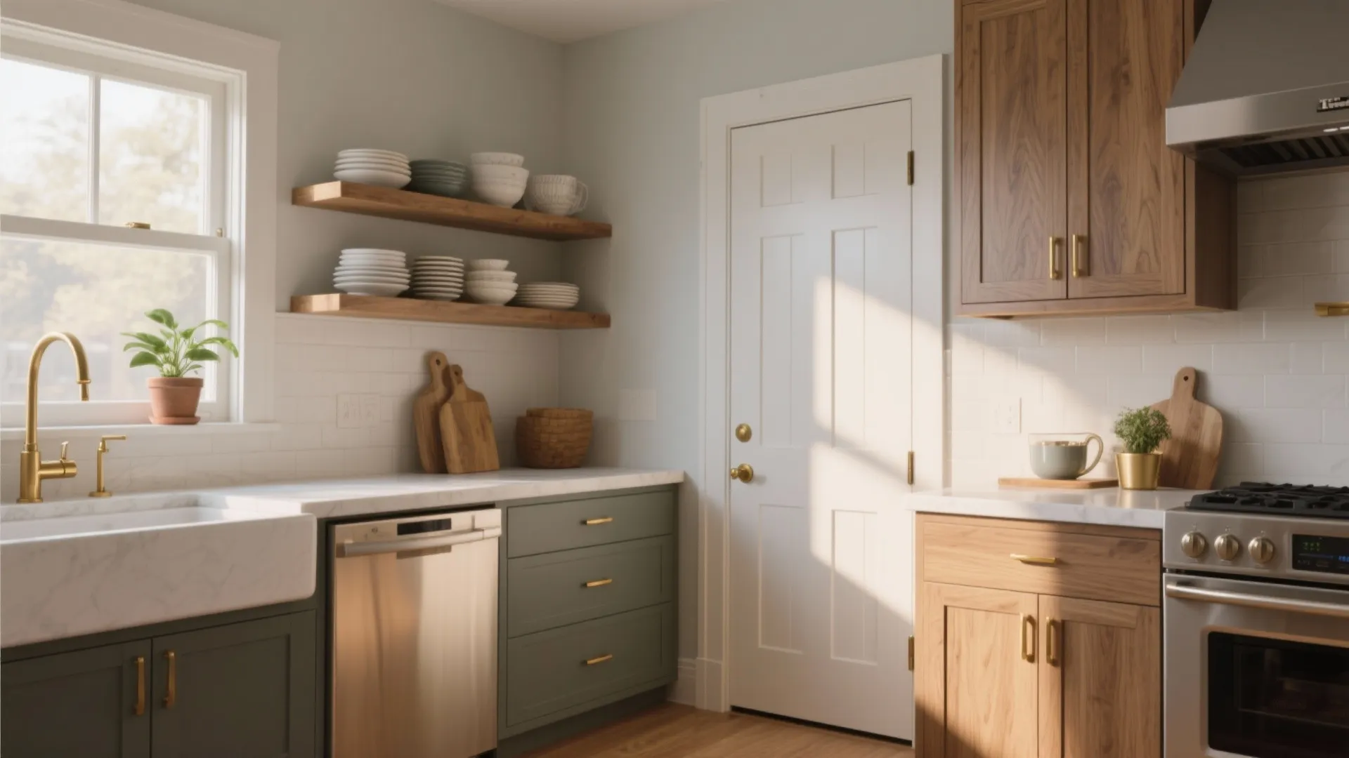 Bright kitchen with green and wood cabinets white wall tiles gold faucet and open shelves