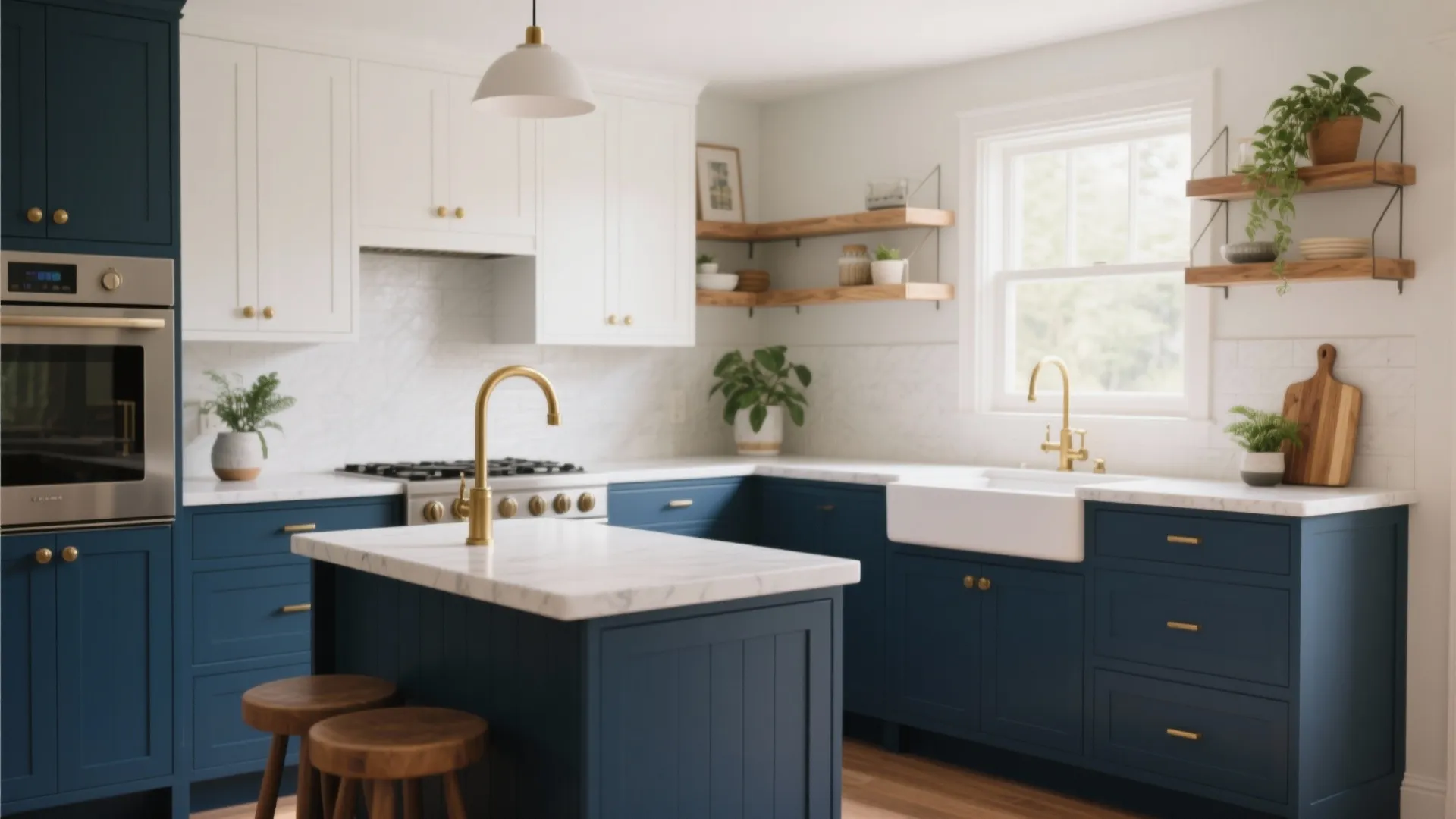 Modern kitchen with blue lower cabinets white upper cabinets gold faucet and marble kitchen island