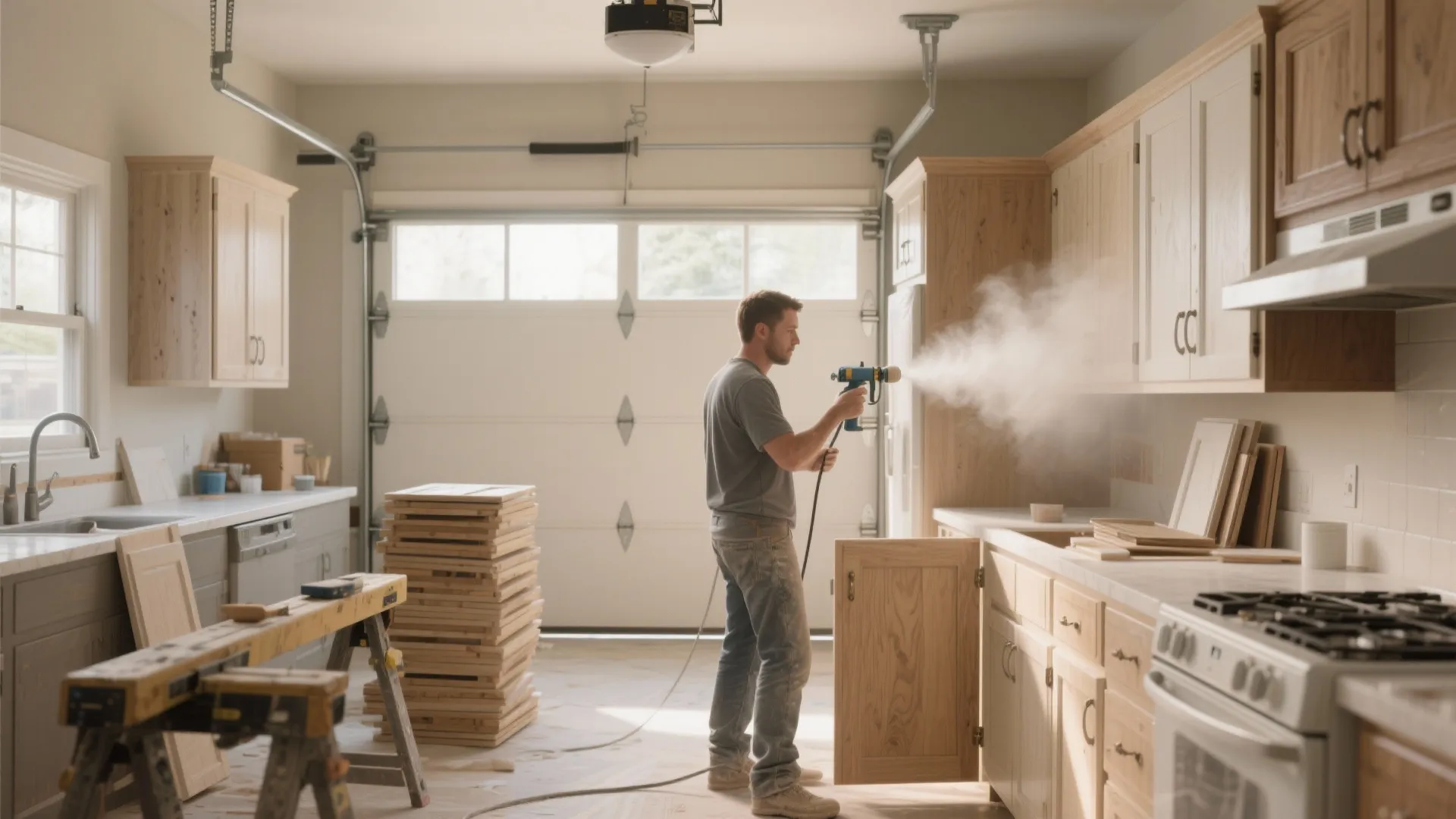 Man using a paint sprayer to refinish wood kitchen cabinets in a bright garage workshop