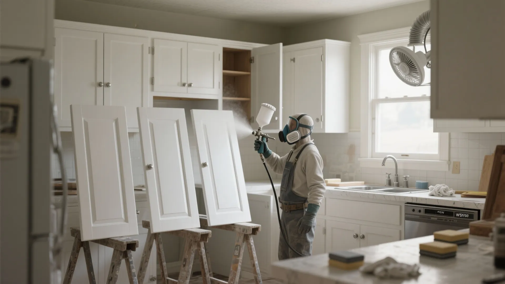 Professional worker wearing safety mask spraying white paint on wooden kitchen cabinet doors with a tool