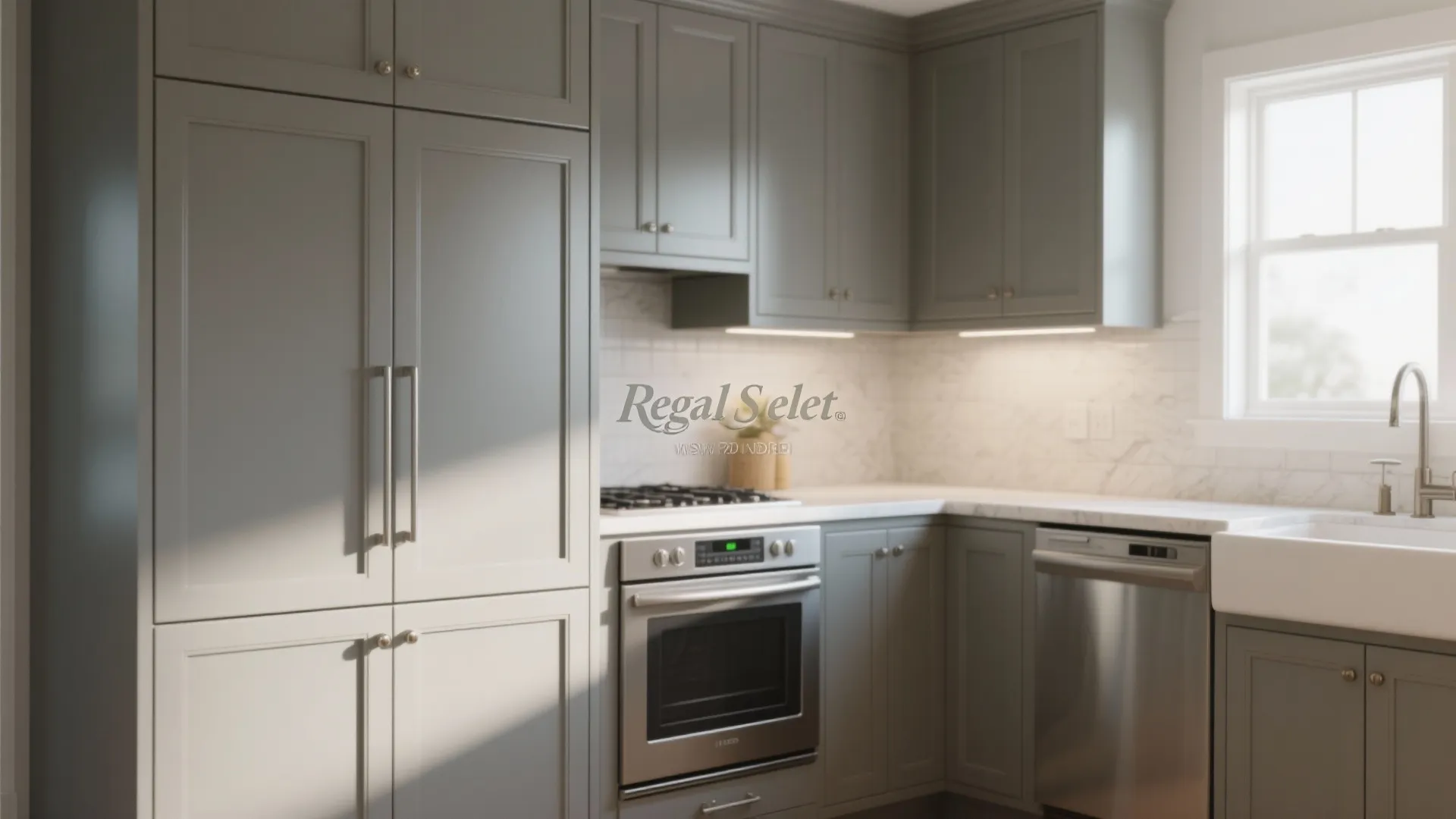 Modern kitchen with grey cabinets white marble tiles silver oven dishwasher and bright natural window light