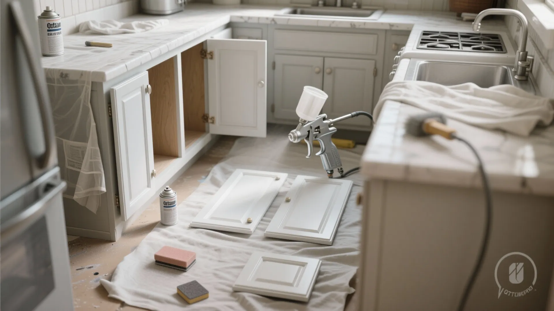 Kitchen renovation showing white cabinet doors on floor with paint spray tool and cleaning sponges