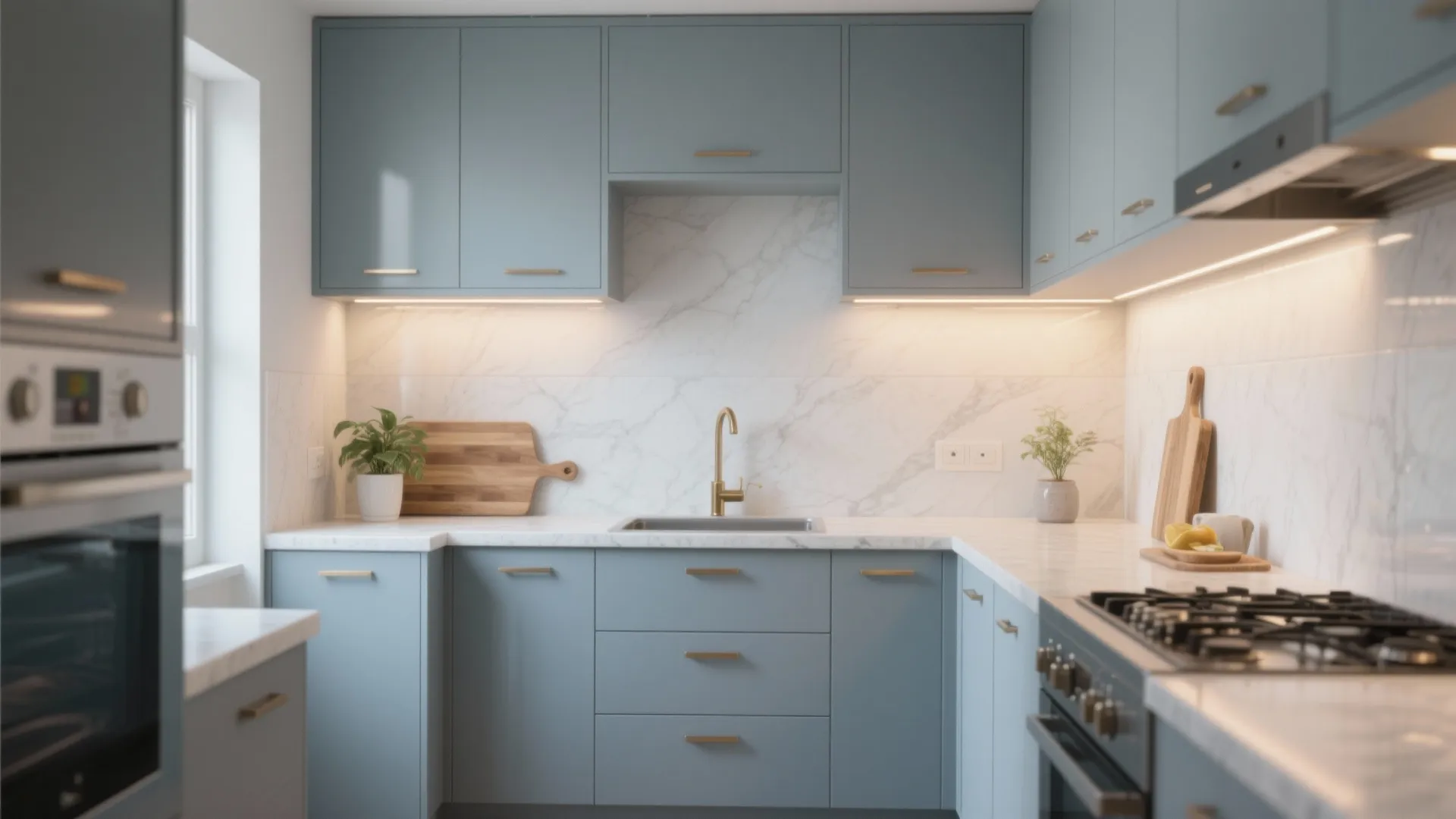 Modern kitchen with blue cabinets white marble countertop gold faucet and stove under bright lights