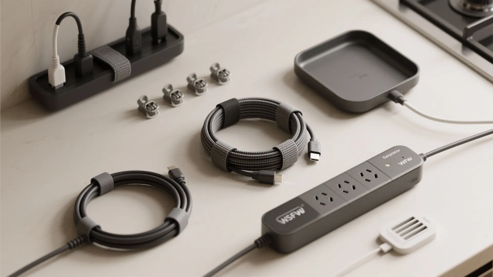 Organized collection of charging cables and a power strip placed on a white kitchen countertop