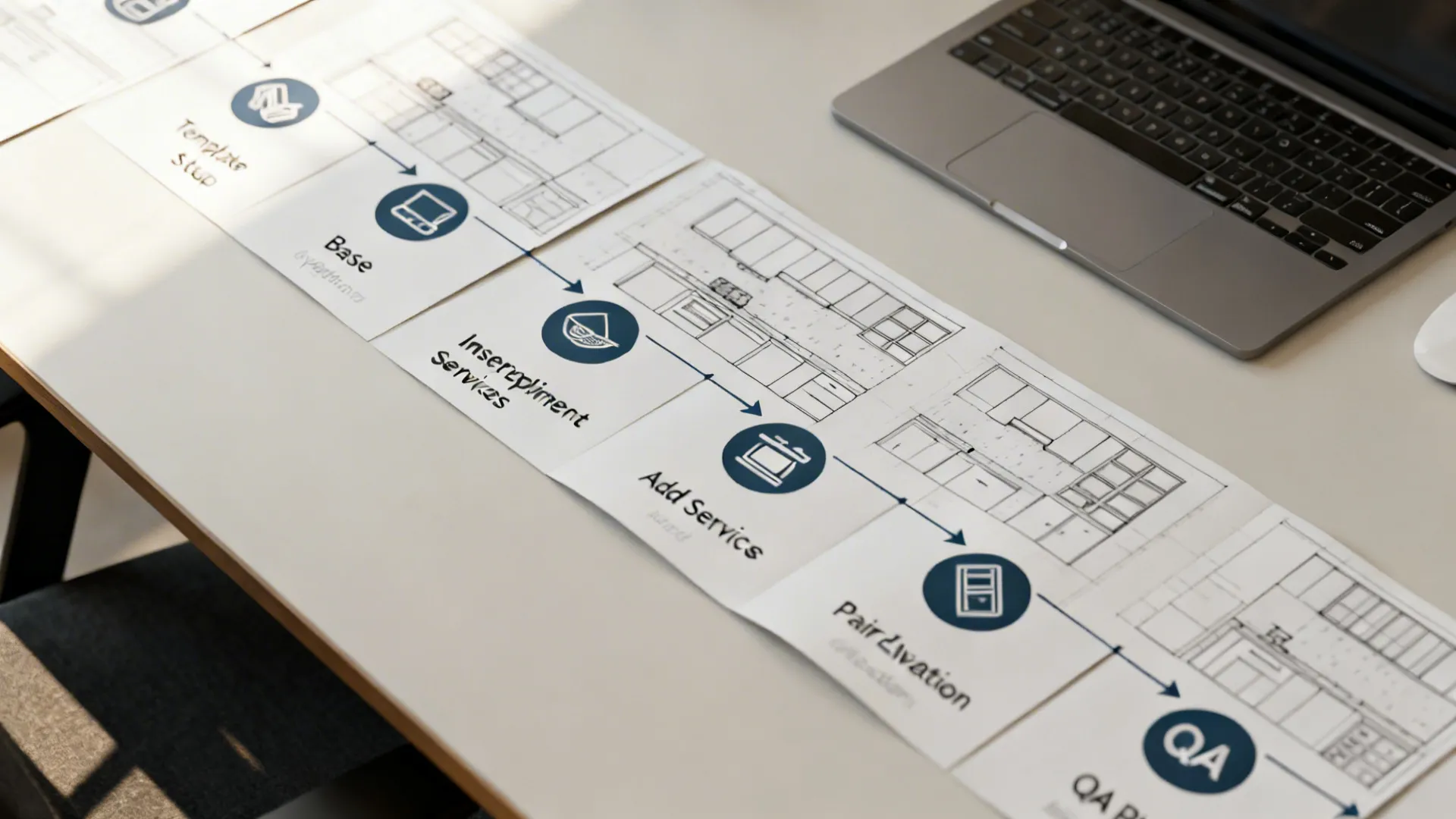 Top-down storyboard of the kitchen CAD workflow from template to QA plot.