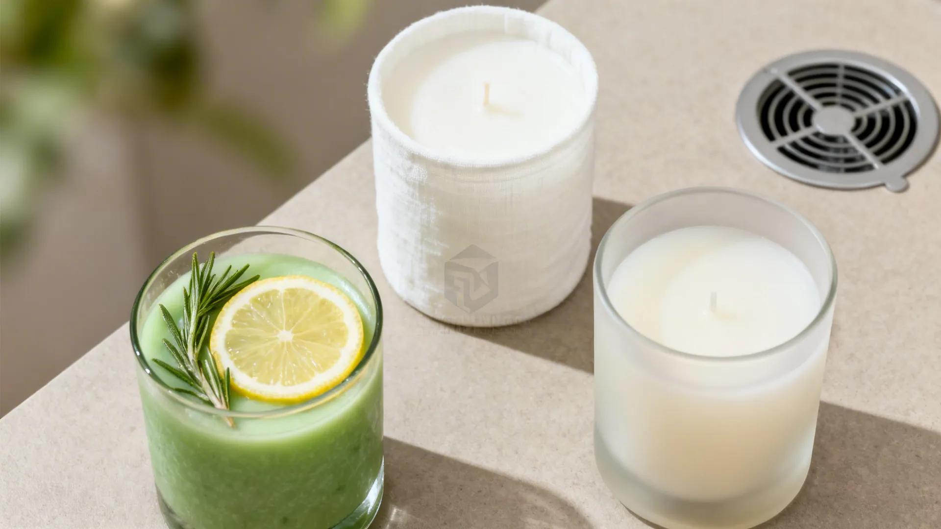 Macro grouping of citrus-herb, clean linen, and unscented candle options with a vent in background.