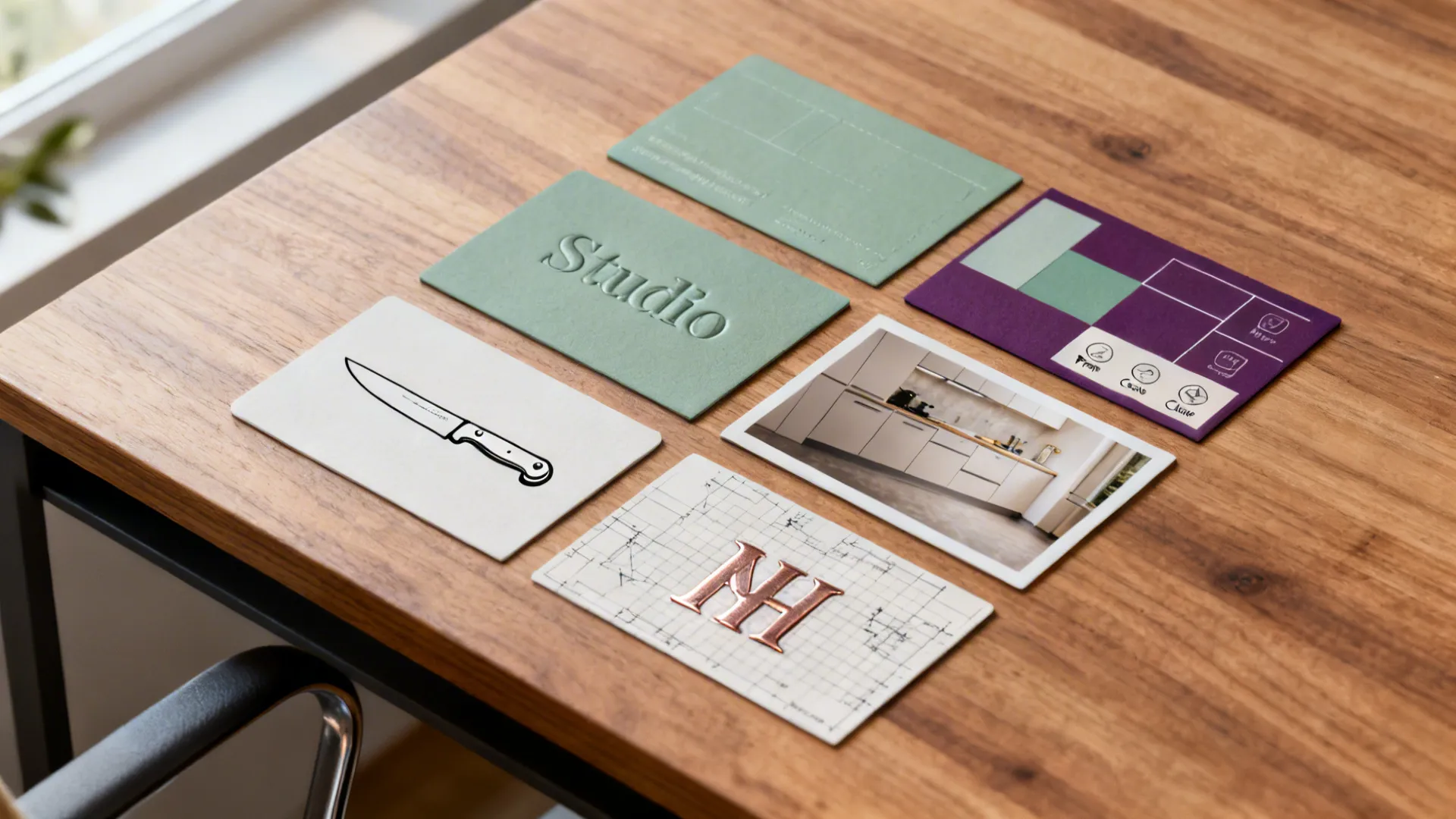 Several design cards showing a kitchen photo and logos arranged on a natural wood office surface