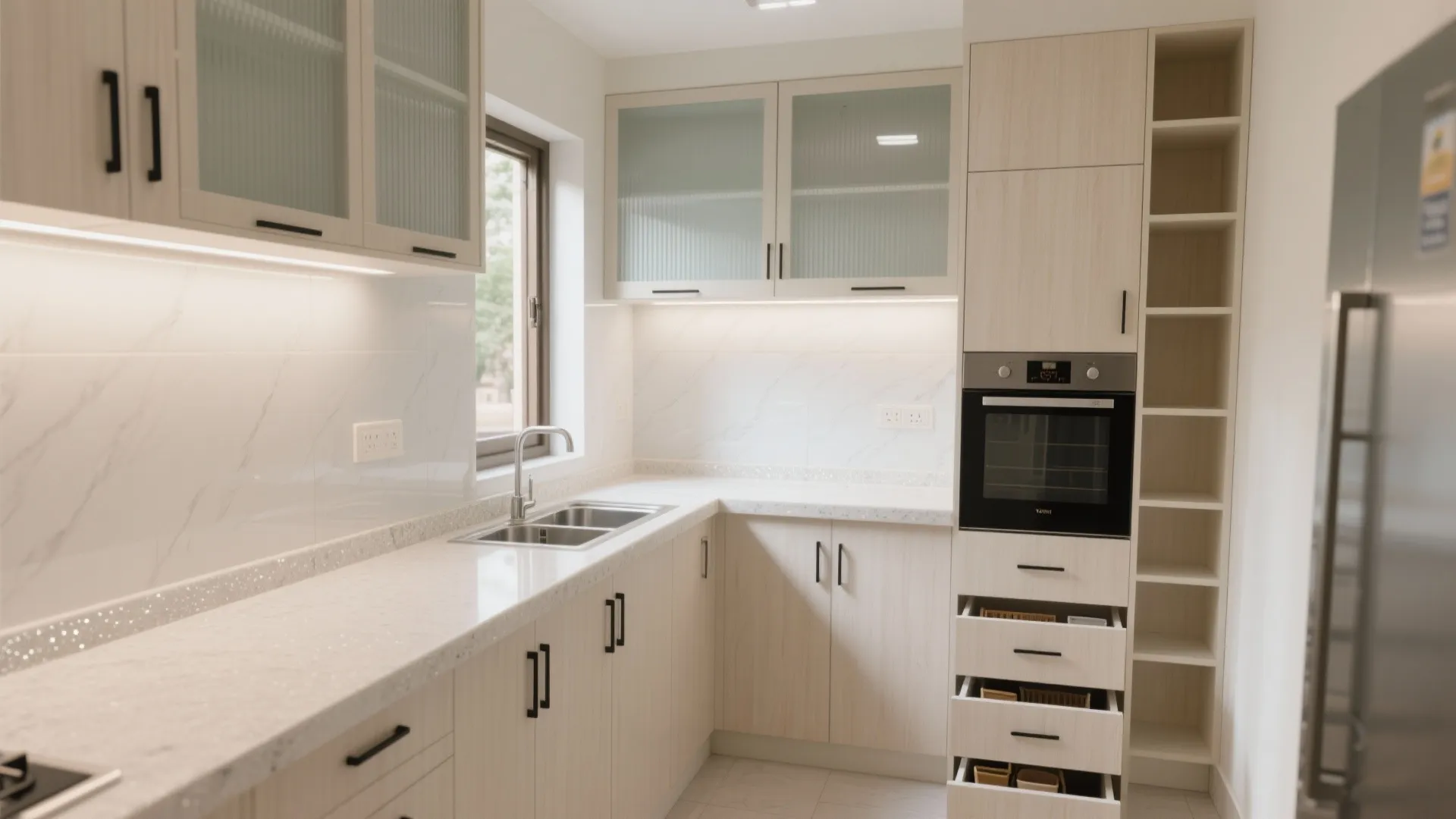 Minimalist kitchen storage with bright, wipe-clean finishes