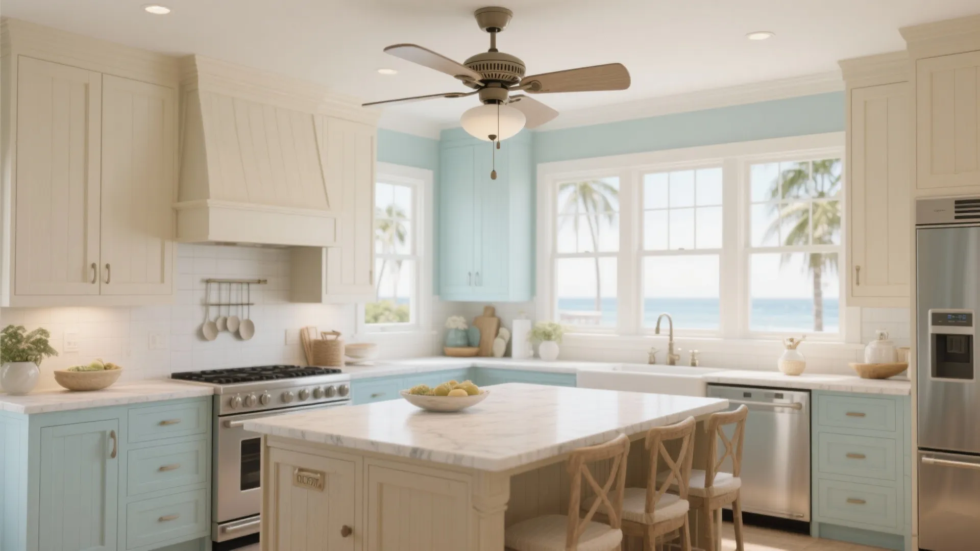 Coastal kitchen with ceiling fan over the island