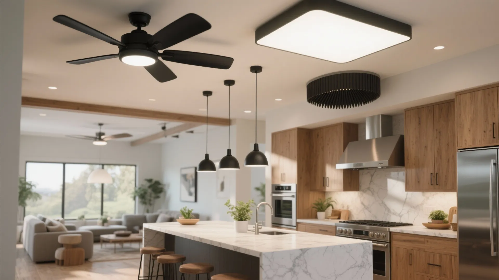 Modern kitchen with marble island wooden cabinets black ceiling fan hanging lights and open living area