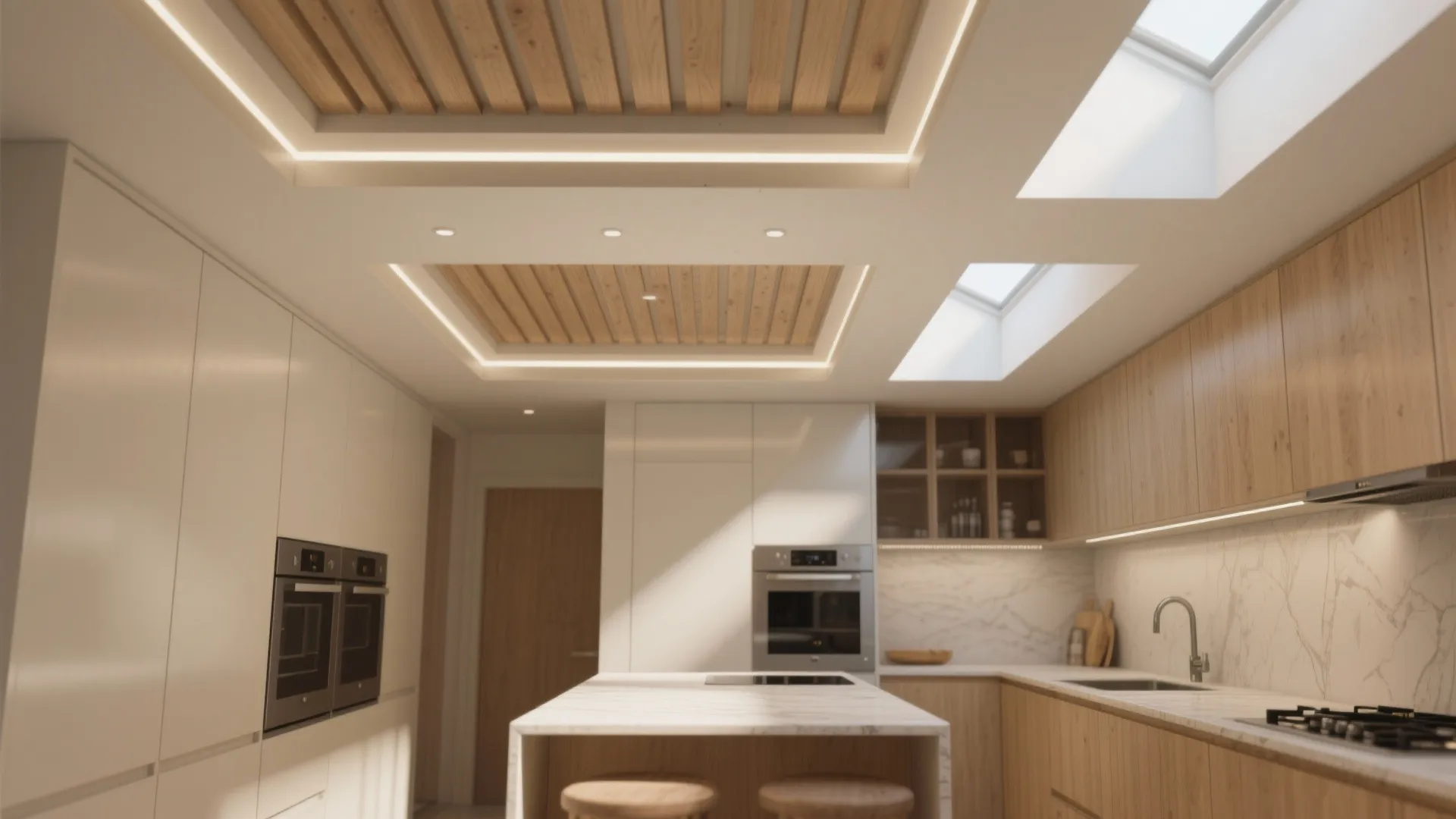 Modern kitchen with wood ceiling panels integrated light fixtures marble island white cabinets and natural light