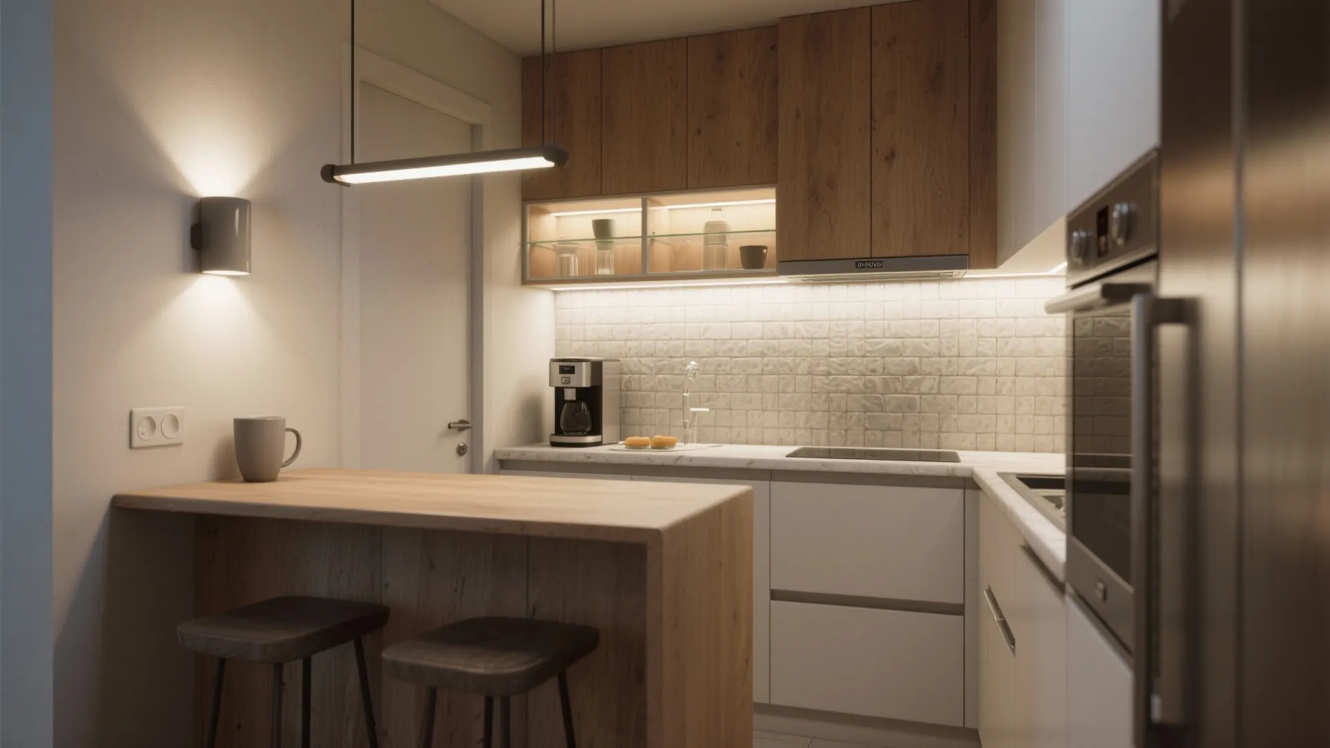 Compact L-shaped kitchen with matte ceramic sconces accenting a coffee nook and prep bar.