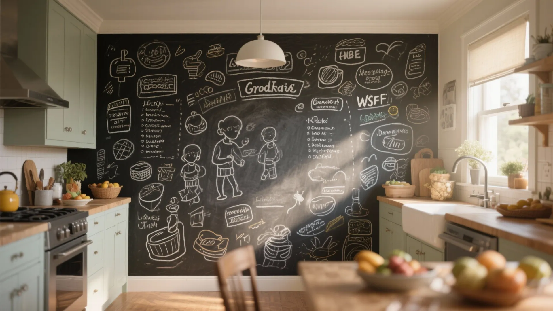 Kitchen chalkboard wall with doodles and lists