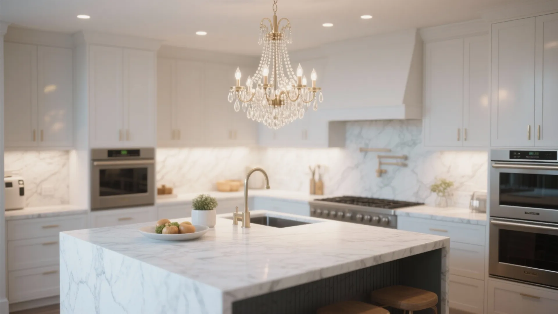 Elegant white kitchen with marble island gold faucet and a glass ceiling light fixture centerpiece