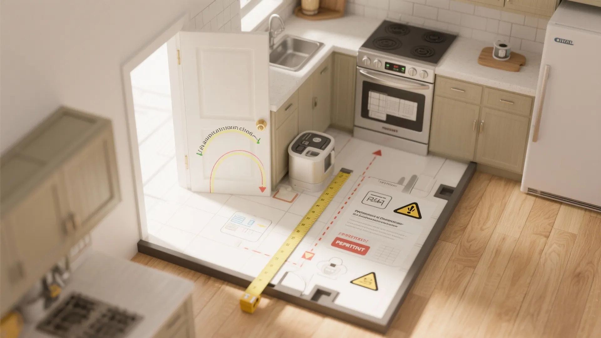 Top-down checklist infographic showing door swings, clearance zones, and compact appliance icons for mobile home kitchen planning.