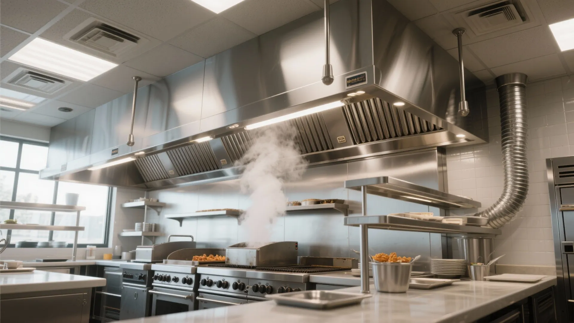 Large stainless steel kitchen chimney above stove with steam rising inside a professional commercial kitchen